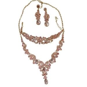 Elegant Gold Plated CZ Women Pink Y Drop Necklace Earrings Bracelet Bridal